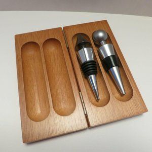 2 Wine Bottle Stoppers Stainless Steel Geometric Stoppers in Wooden Box